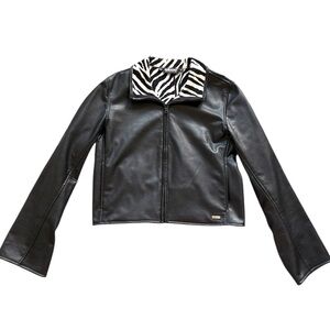 Dollhouse Outerwear Medium Black Leather Jacket with Zebra Print Collar